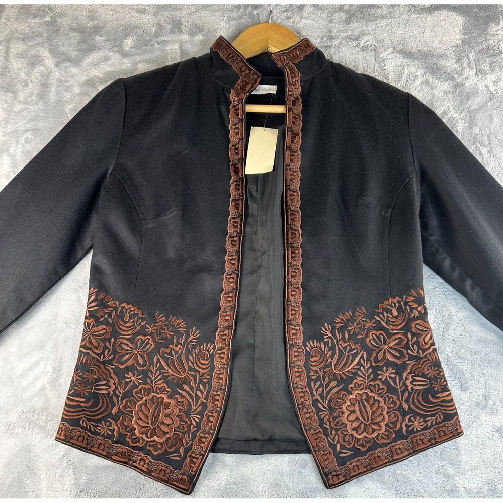 Coldwater Creek NWT Petite 4 Black Embroidered Floral Jacket Open Front Artwear